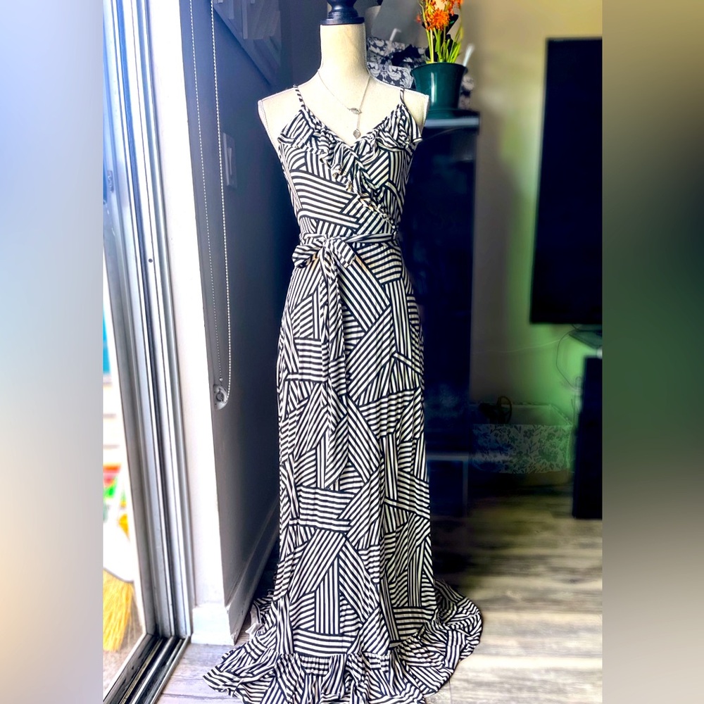 NWT A New Approach Wrap Front Black and White Striped Maxi Dress Medium